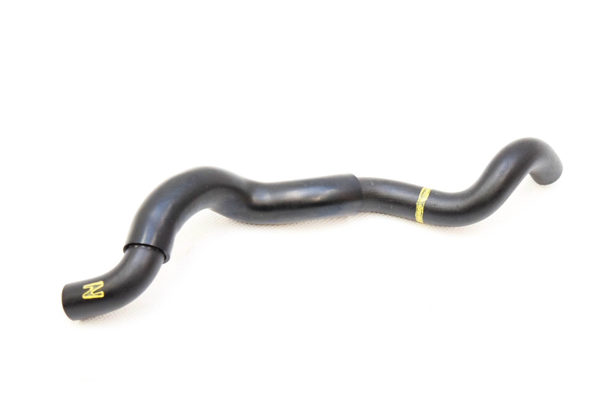 Curved black bicycle drop handlebar with yellow branding on a white background.
